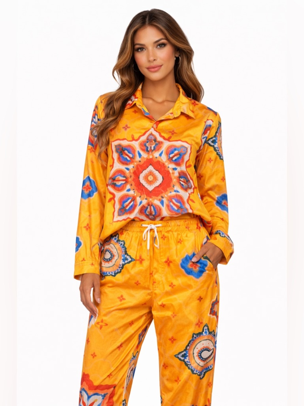 TFY Collection Matching Set • Bold Print Button Up & Pants • Size L NWT